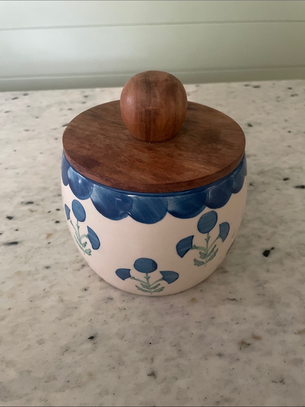 Hand-Painted Ceramic Jar with Wood Lid - Blue Floral